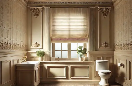 A classic-style bathroom featuring an elegant window with pleated blinds in a neutral, light color that softly diffuses light